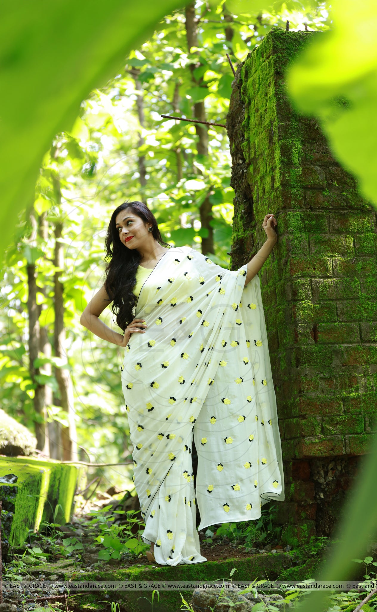 Yellow Crocus on White Pure Silk Chiffon Saree