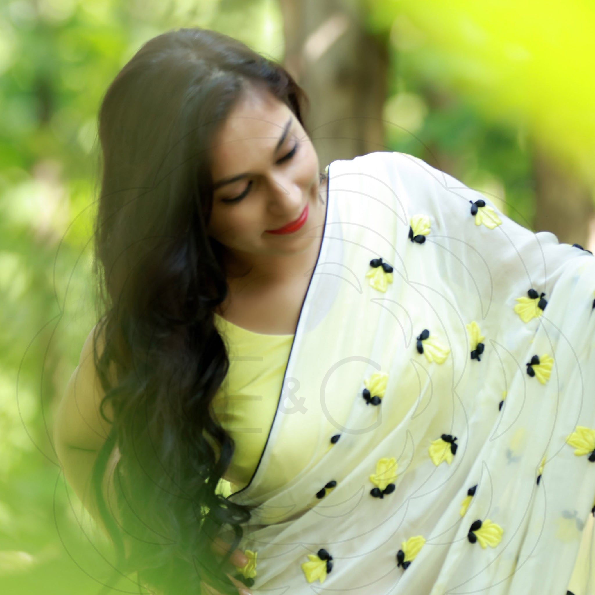 Yellow Crocus on White Pure Silk Chiffon Saree