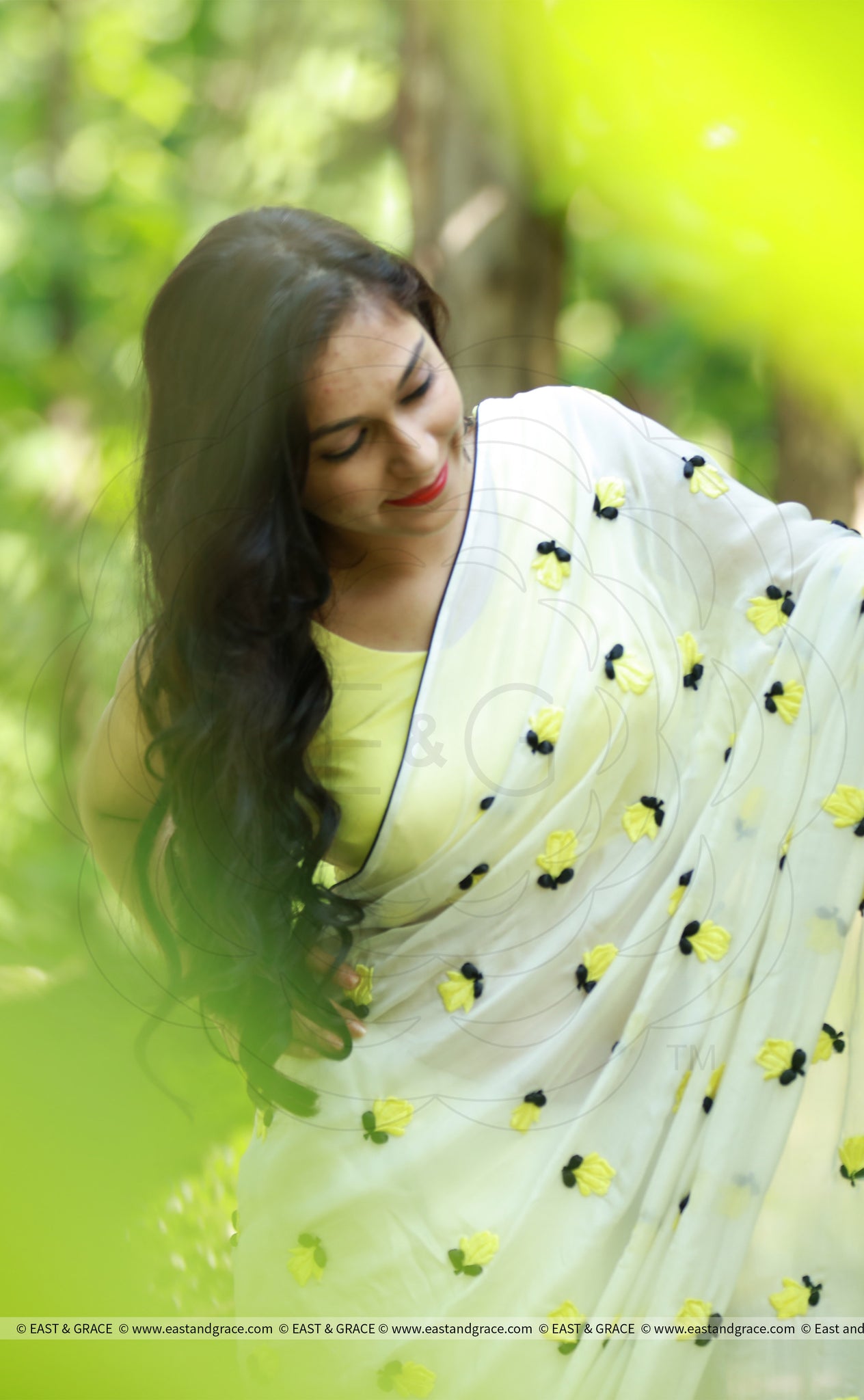 Yellow Crocus on White Pure Silk Chiffon Saree