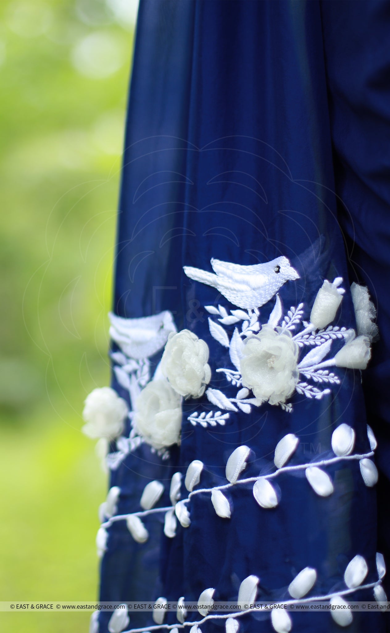 White Birdies on a Navy Blue Pure Silk Chiffon Saree