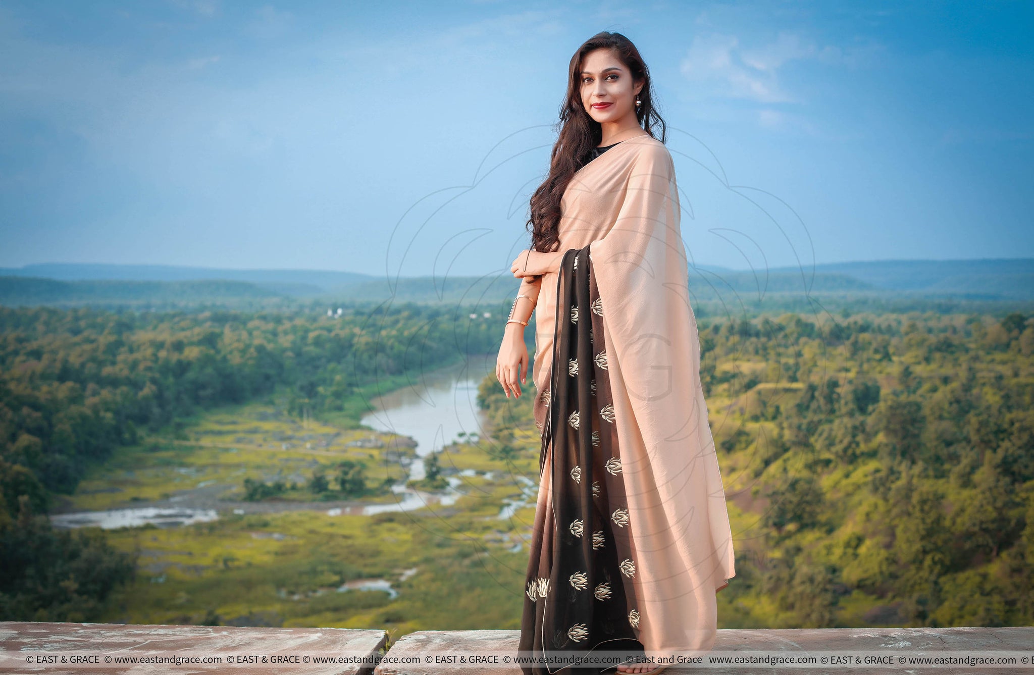 Gold Lotuses on Apricot Pure Silk Georgette Saree