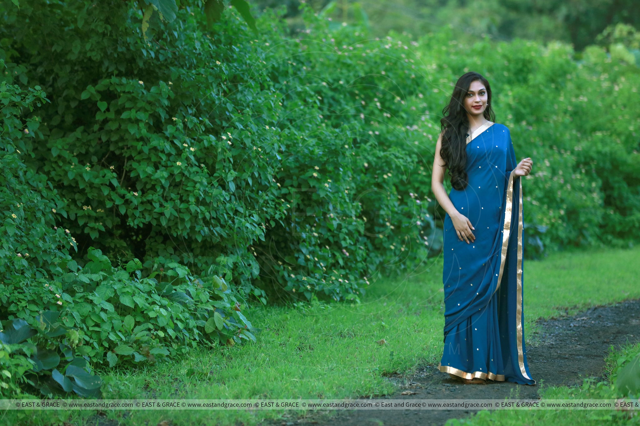 Deep Sea Blue-Green Pure Silk Georgette Saree with Sequins