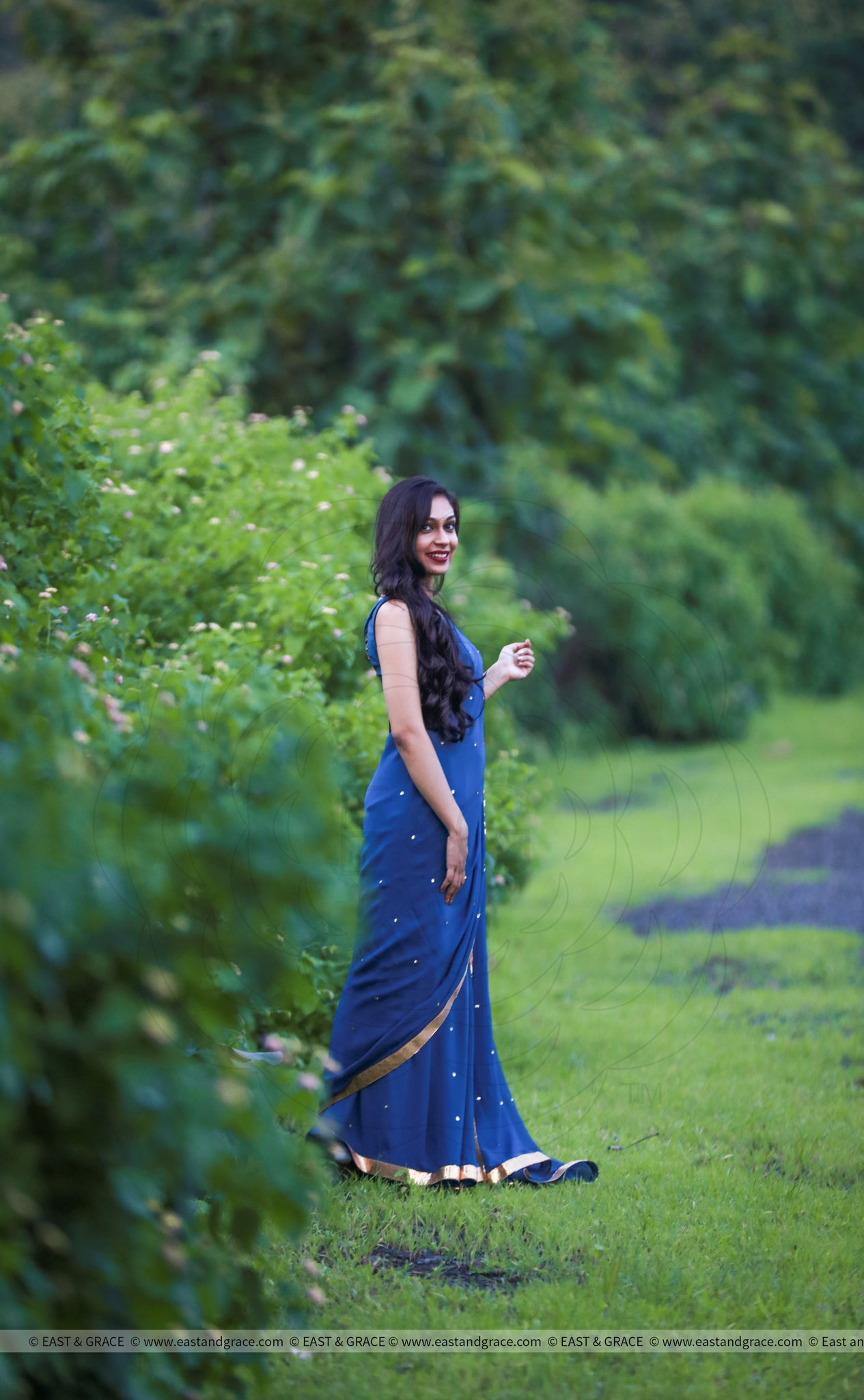 Deep Sea Blue-Green Pure Silk Georgette Saree with Sequins