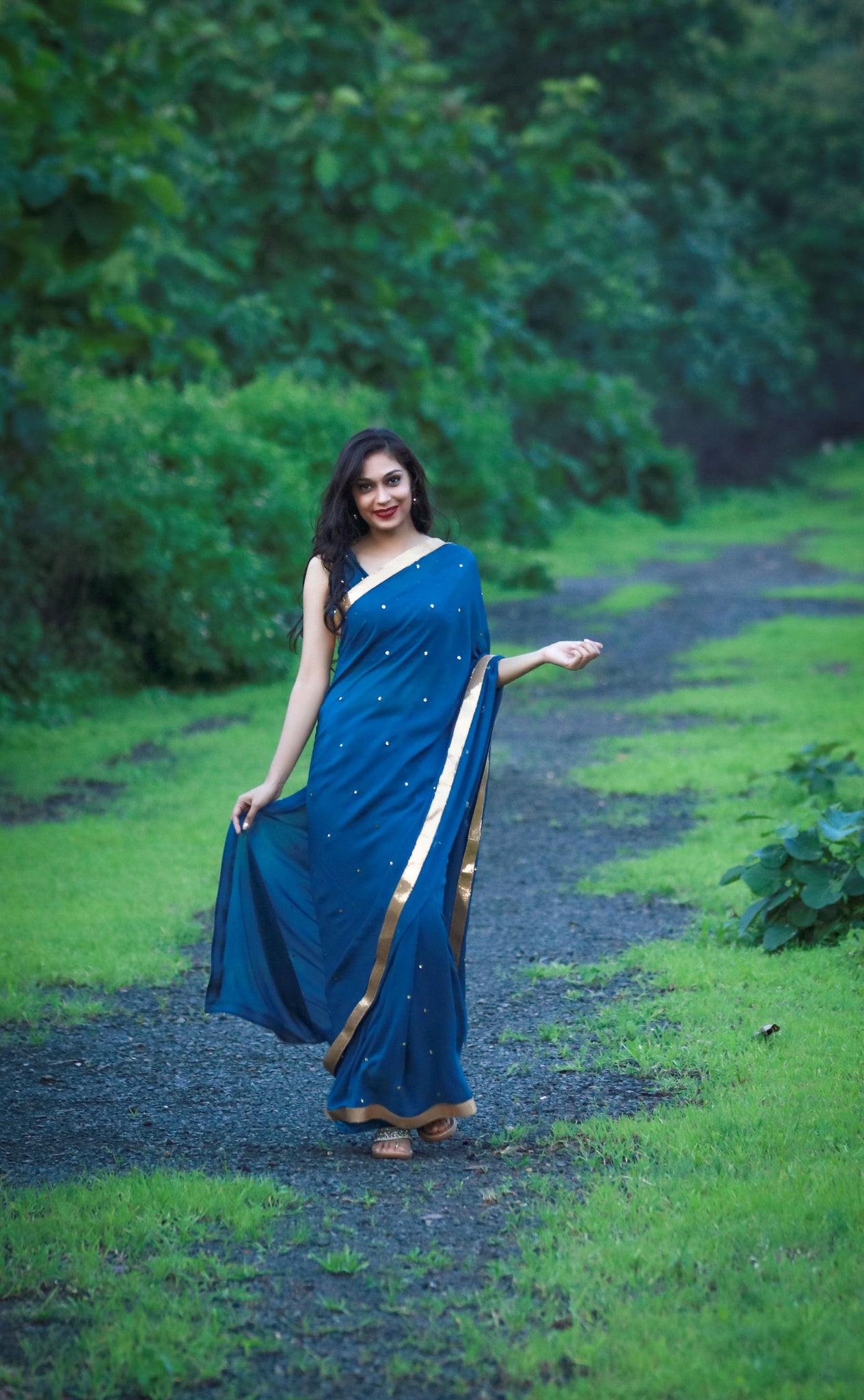 Deep Sea Blue-Green Pure Silk Georgette Saree with Sequins