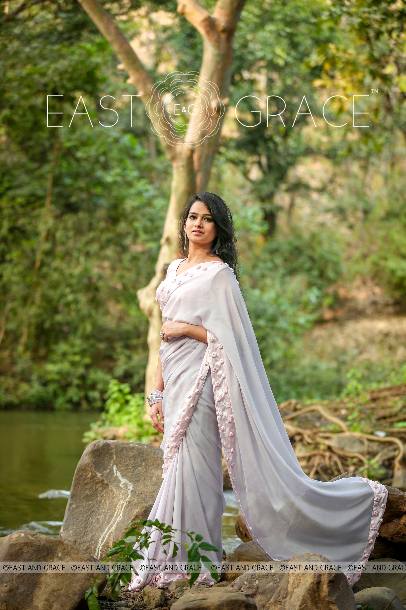 Winterland Grey Silk Chiffon Ribbonwork Roses Saree