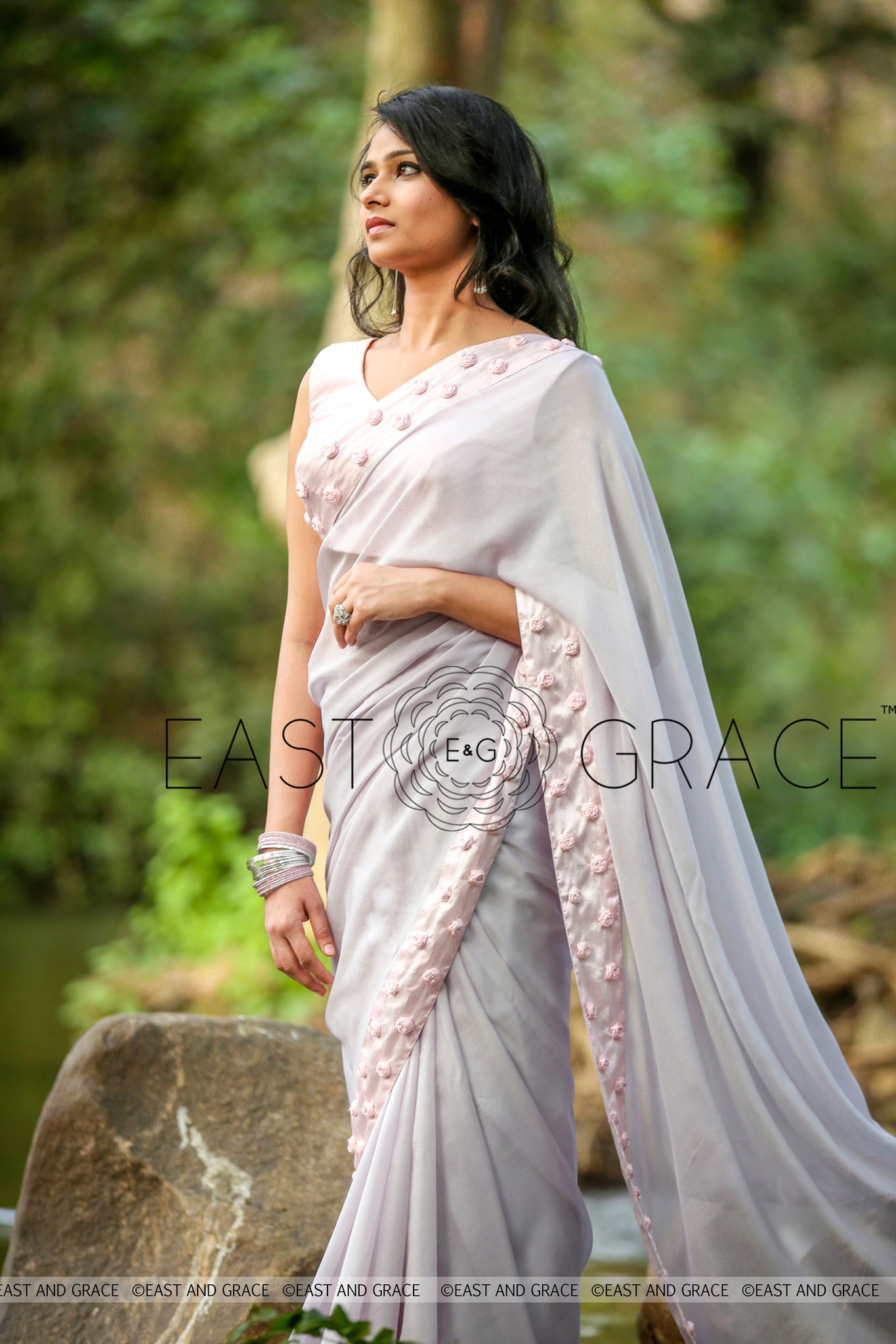 Winterland Grey Silk Chiffon Ribbonwork Roses Saree