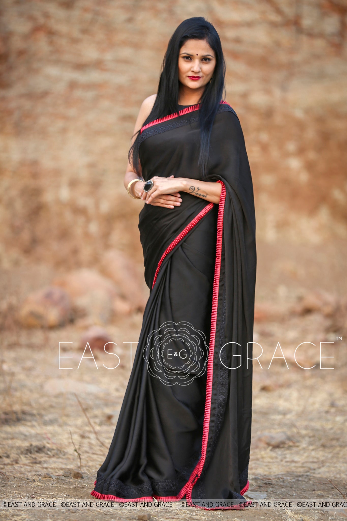 Nightsong Black Satin-Silk Saree with Pleated Border