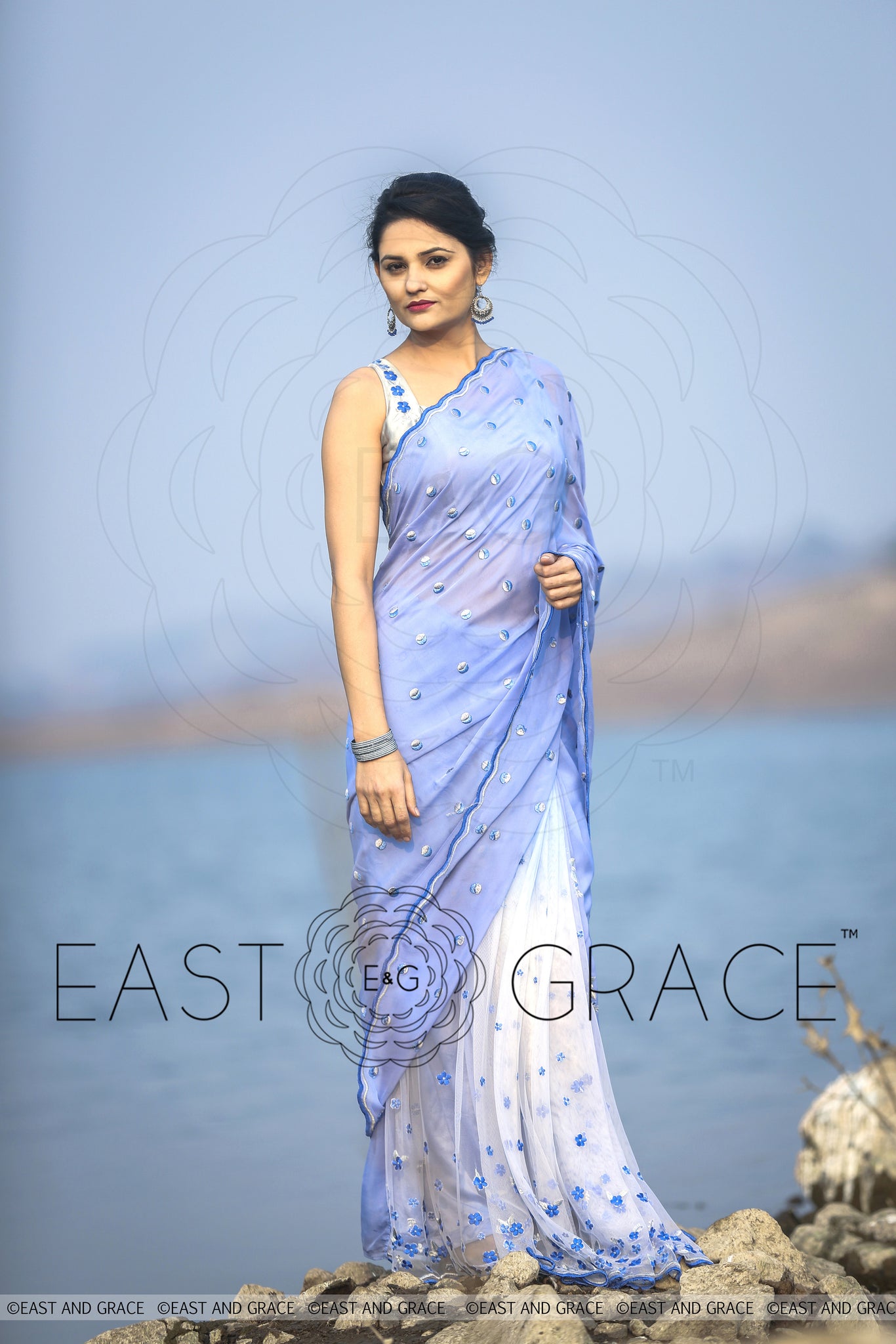 Foget me not blue pure silk chiffon net fabric hand embroidered saree