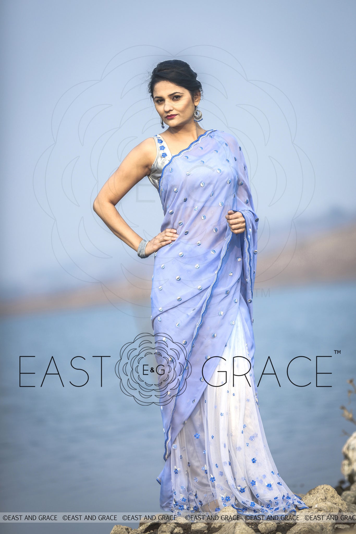Foget me not blue pure silk chiffon net fabric hand embroidered saree