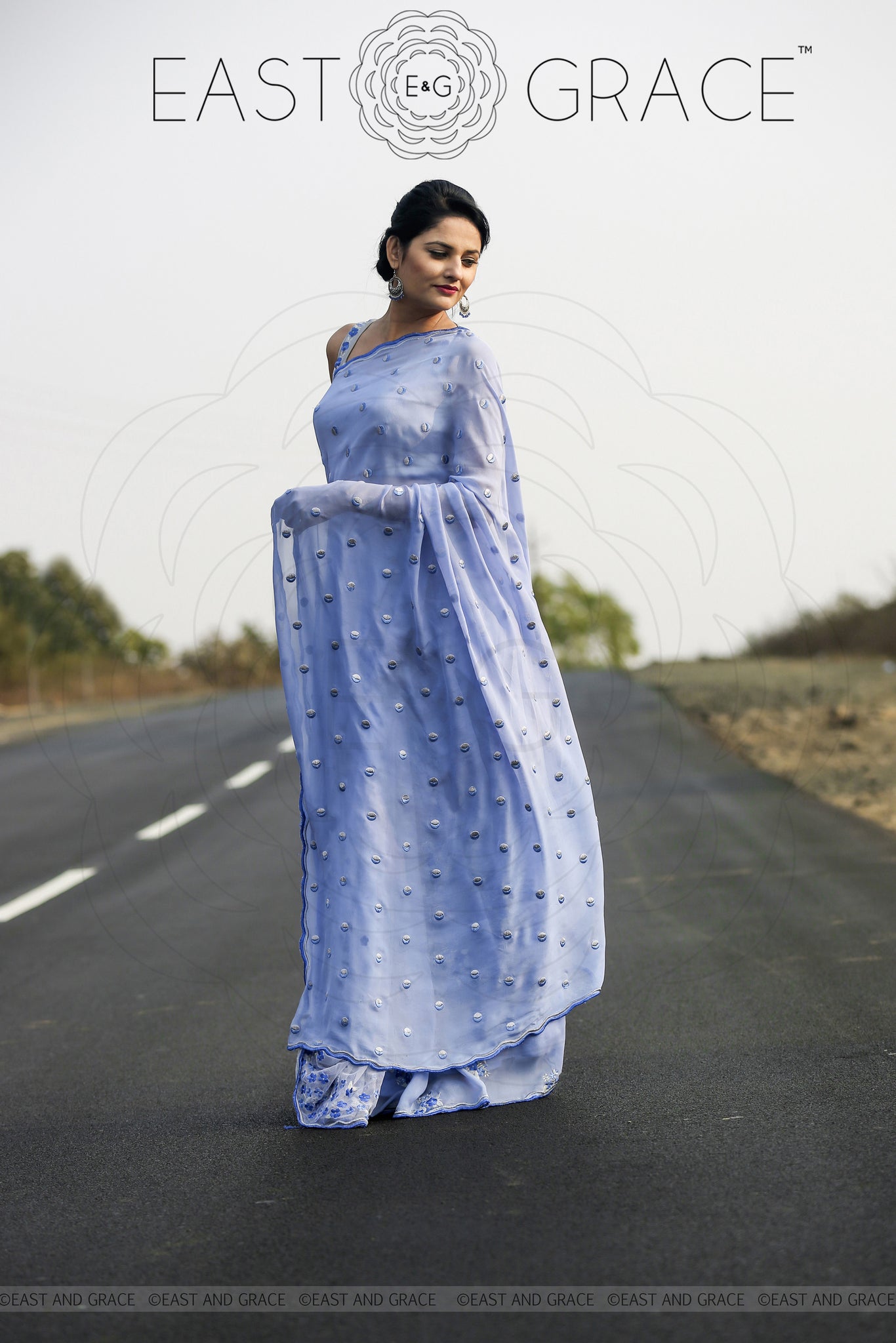 Foget me not blue pure silk chiffon net fabric hand embroidered saree