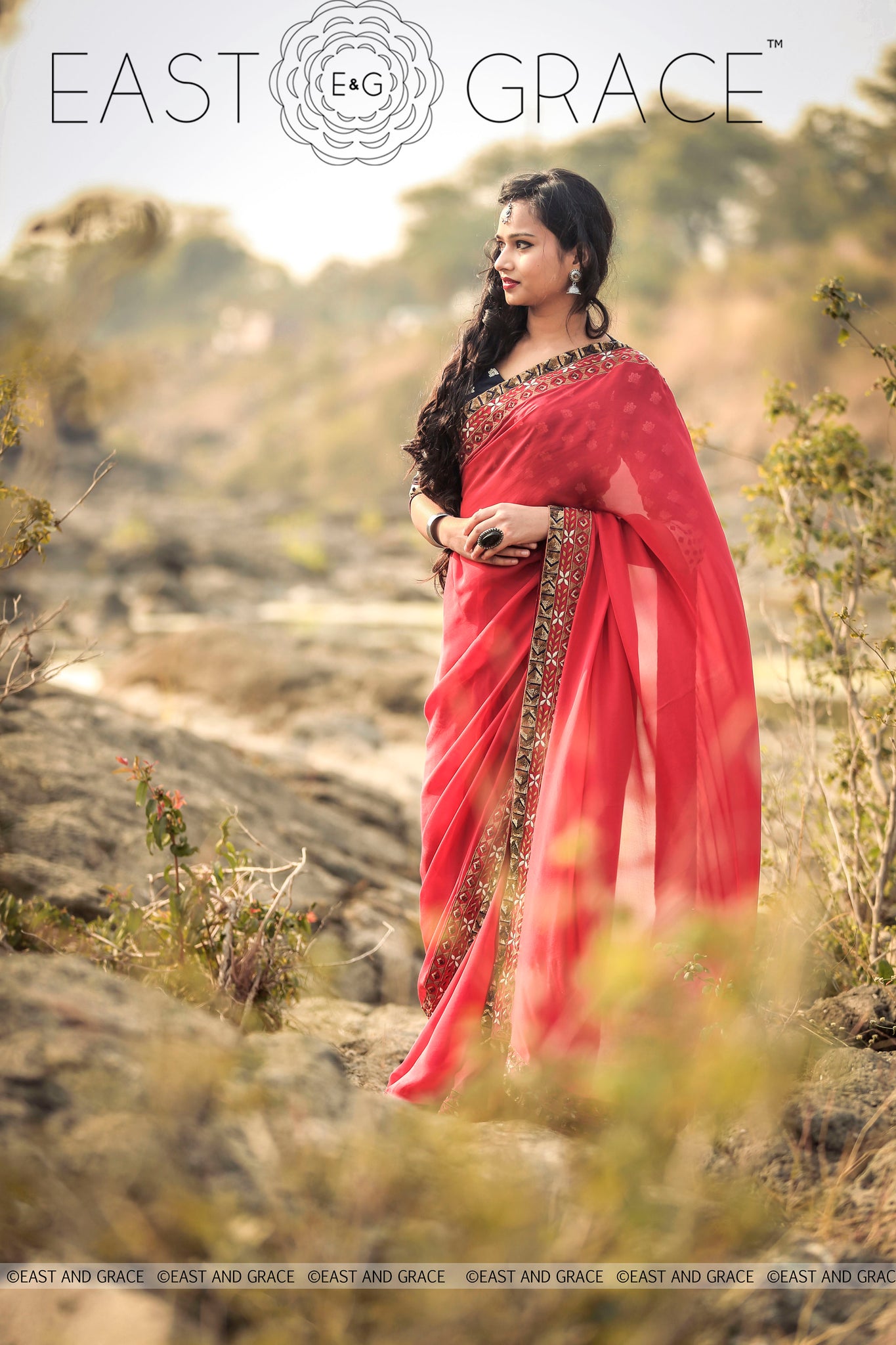 Red Ruby pure silk chiffon fabric hand embroidered saree