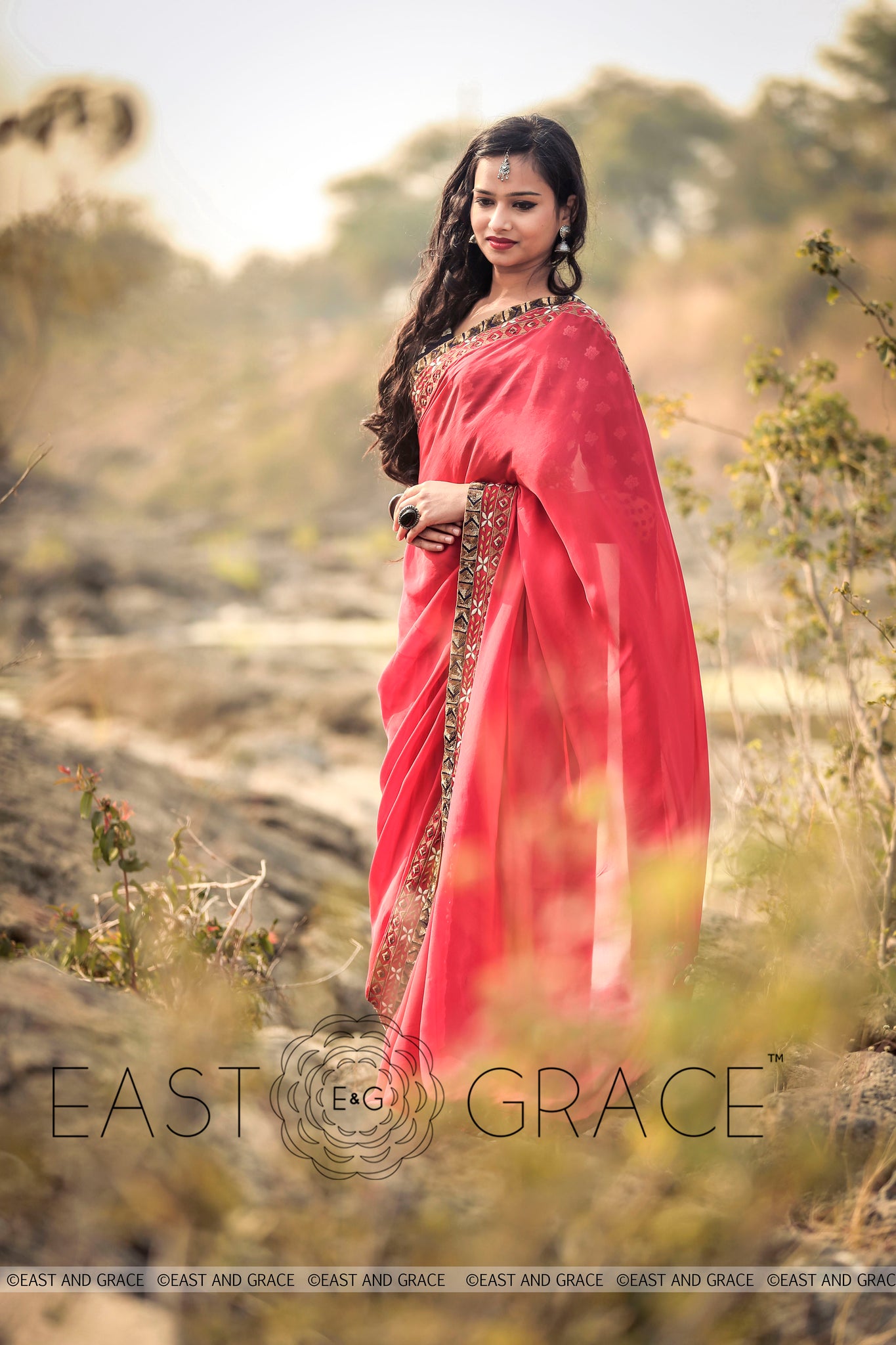 Red Ruby pure silk chiffon fabric hand embroidered saree