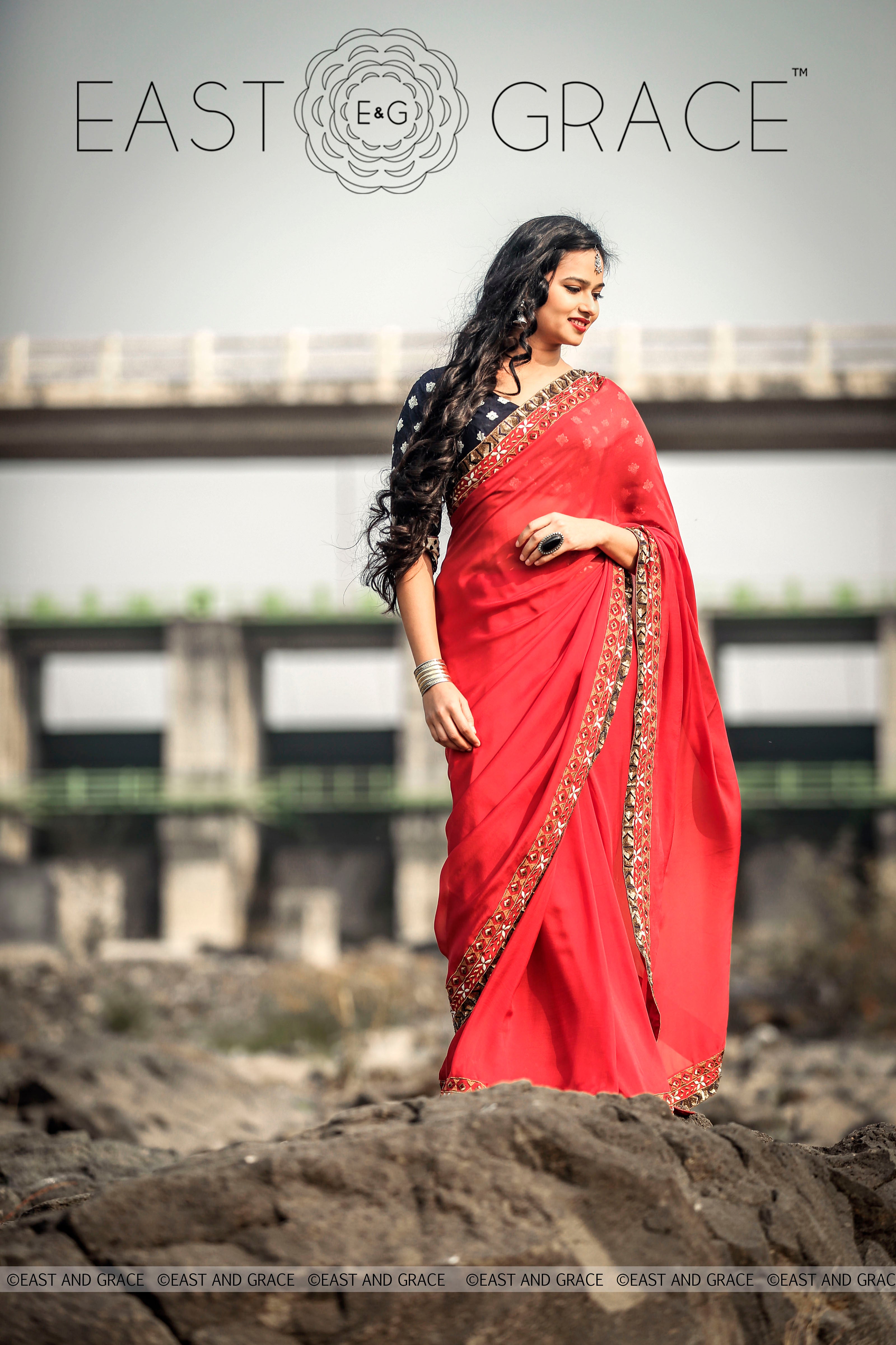 Red Ruby pure silk chiffon fabric hand embroidered saree