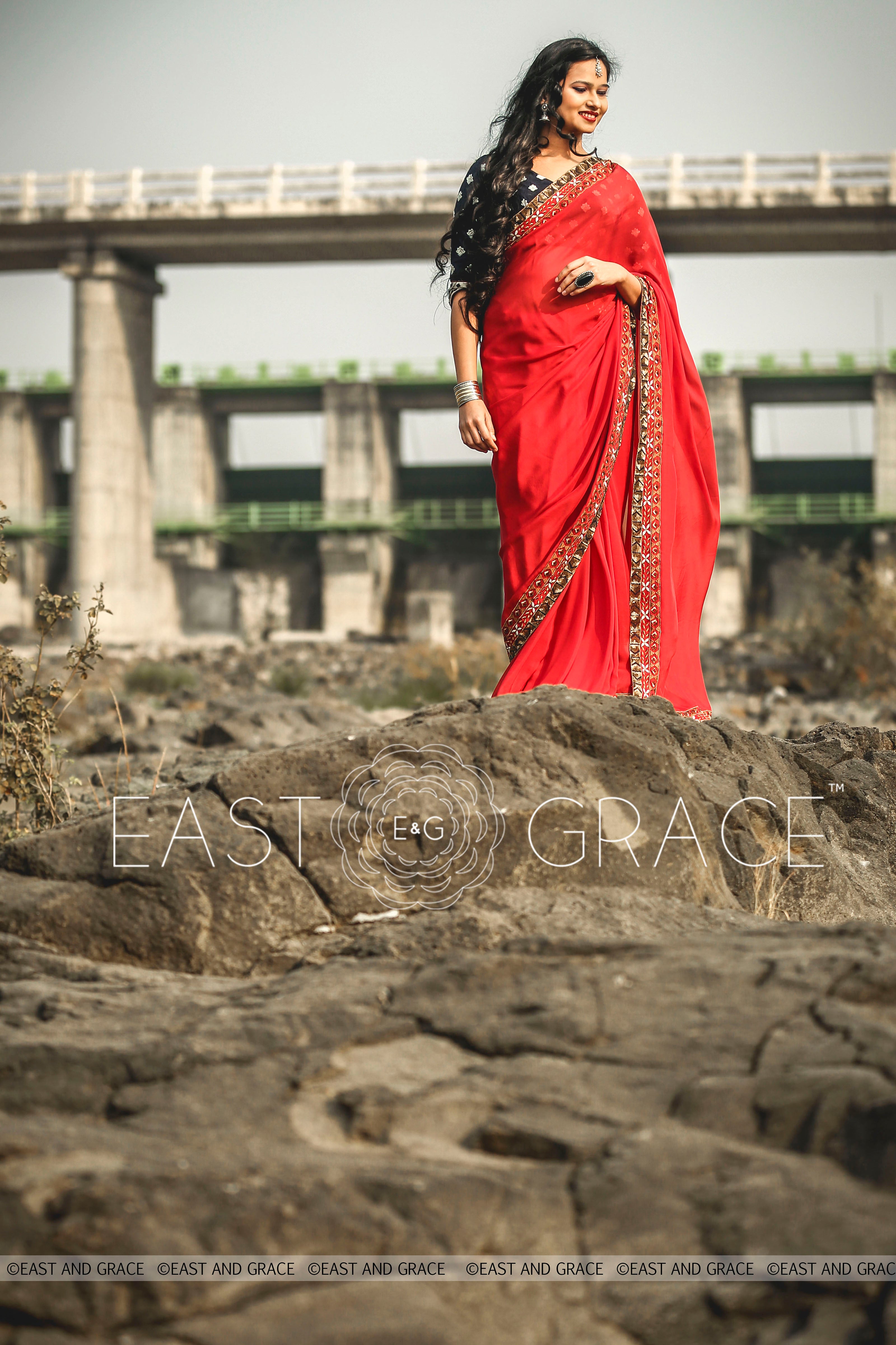 Red Ruby pure silk chiffon fabric hand embroidered saree