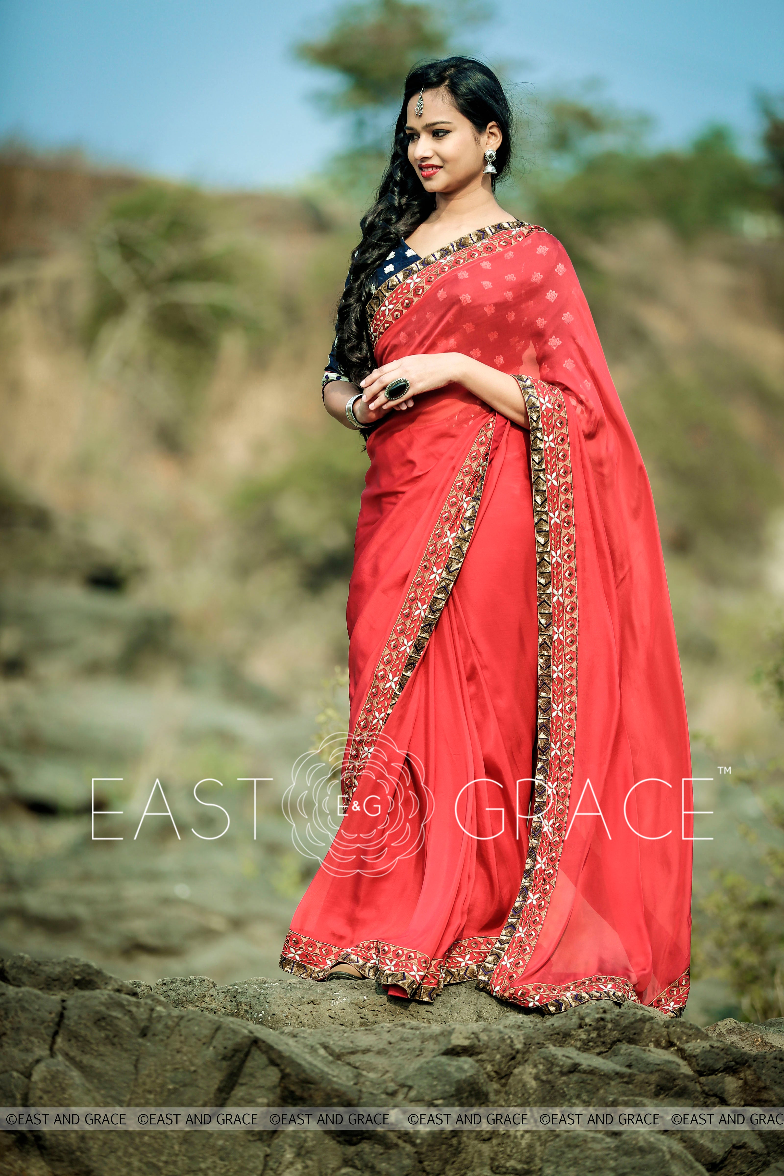 Red Ruby pure silk chiffon fabric hand embroidered saree