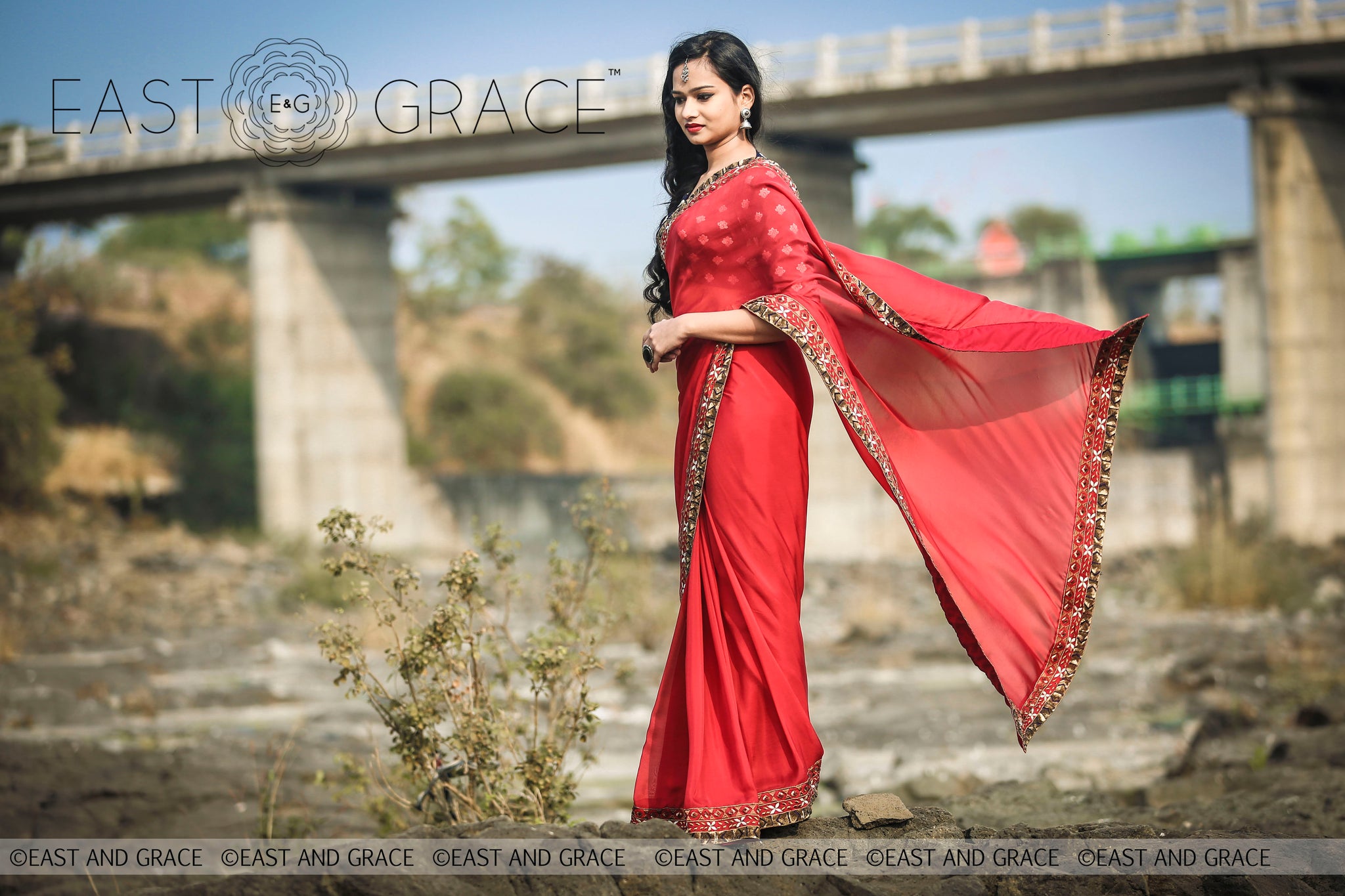 Red Ruby pure silk chiffon fabric hand embroidered saree