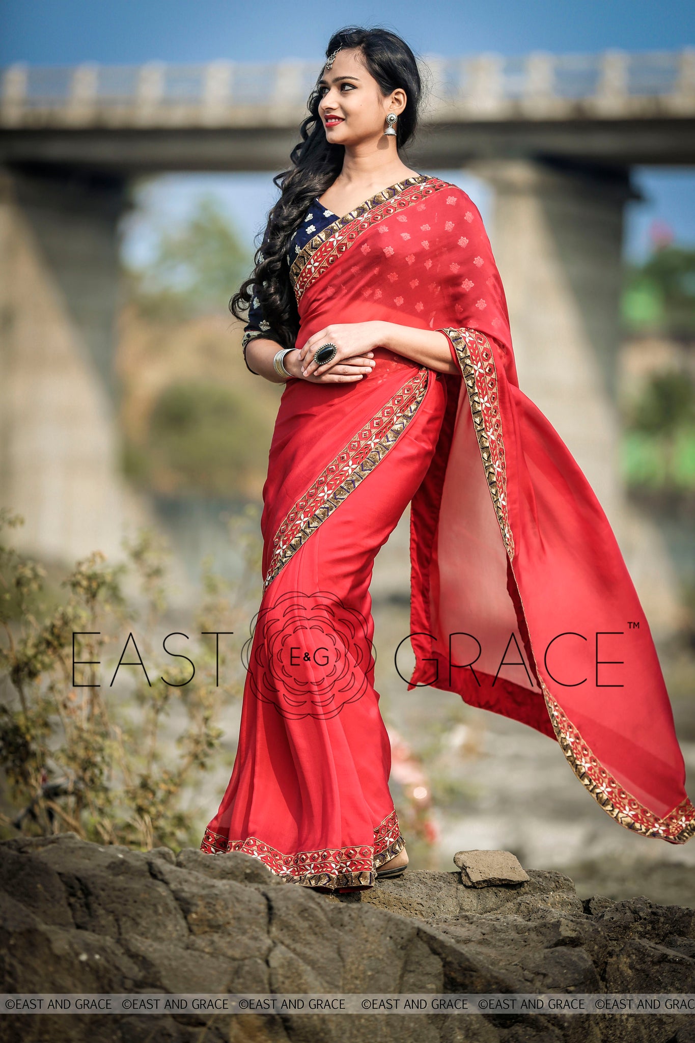 Red Ruby pure silk chiffon fabric hand embroidered saree