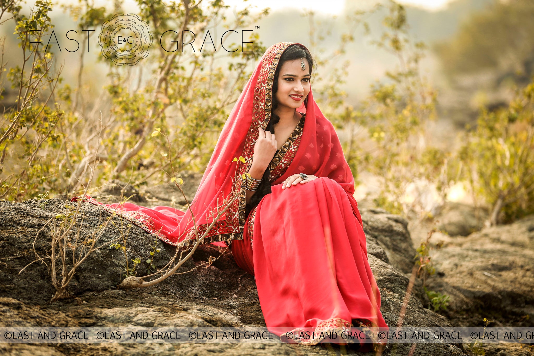 Red Ruby pure silk chiffon fabric hand embroidered saree