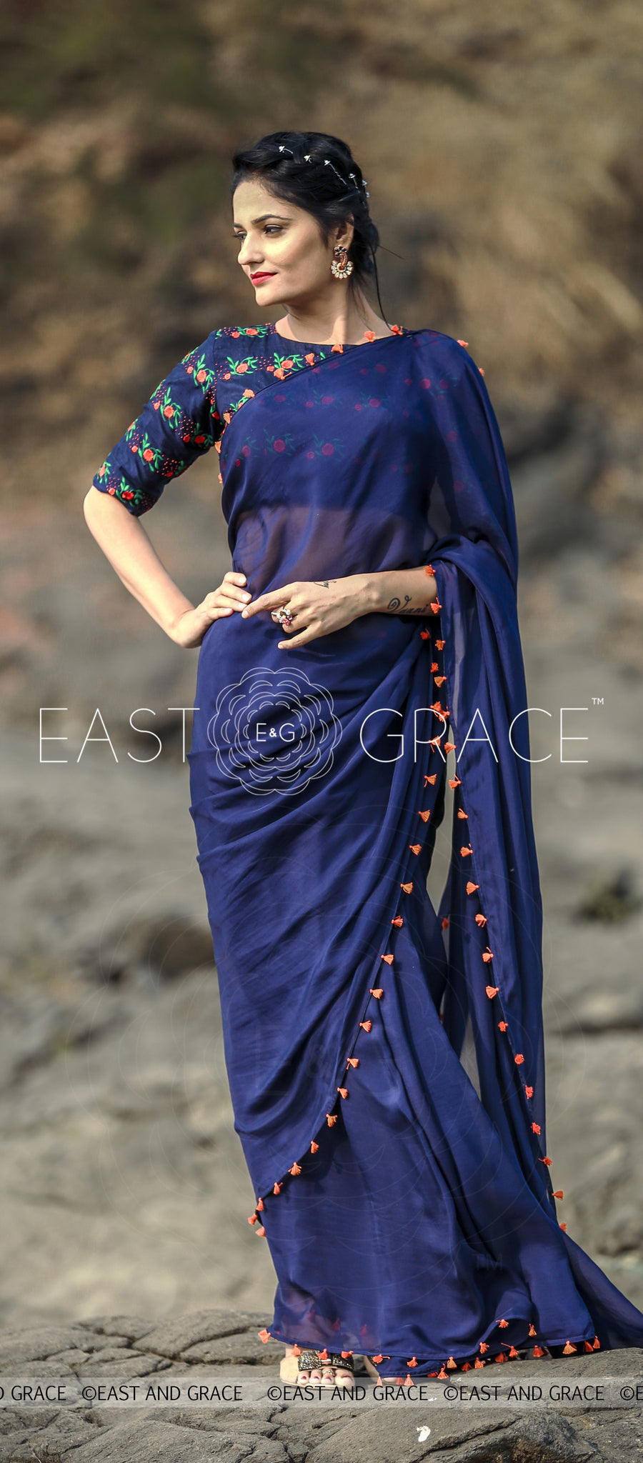 Blue Flame Pure Silk Chiffon Saree with Hand Embroidered Blouse