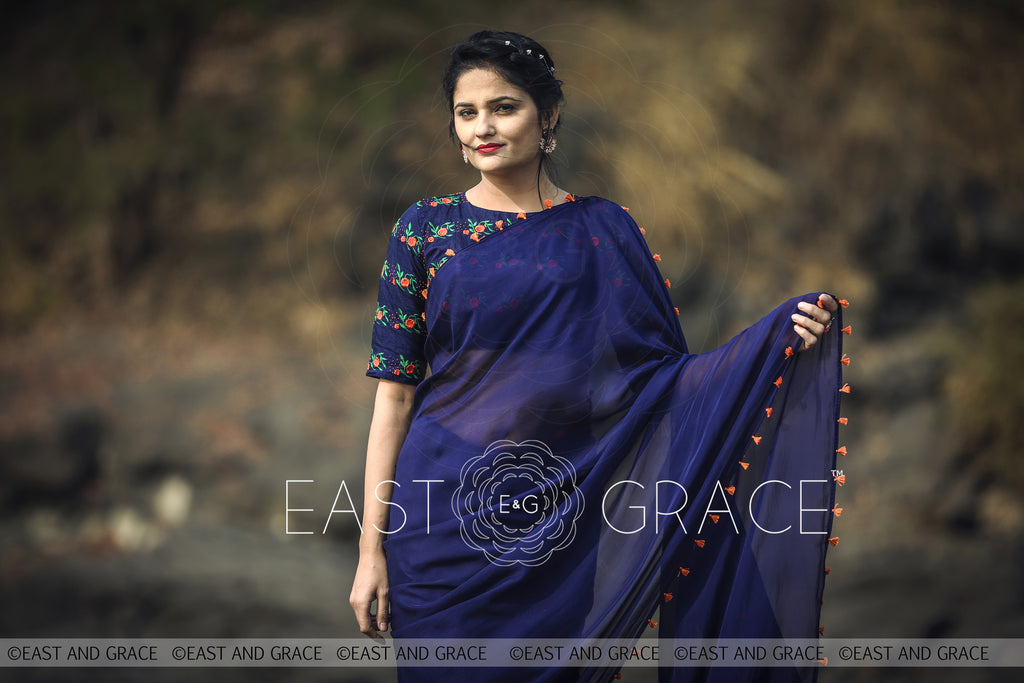 Blue Flame Pure Silk Chiffon Saree with Hand Embroidered Blouse
