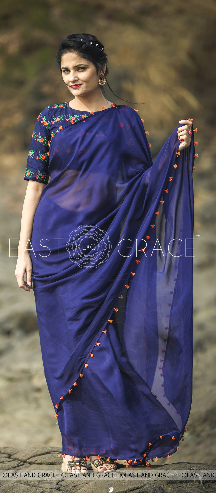 Blue Flame Pure Silk Chiffon Saree with Hand Embroidered Blouse