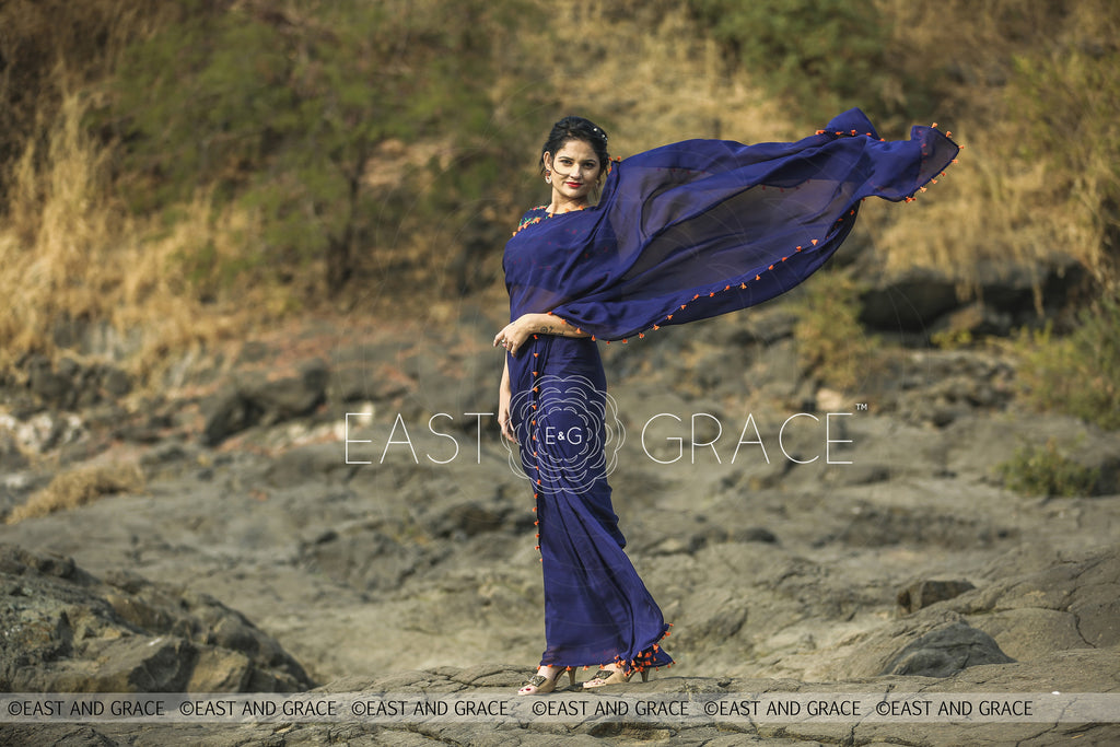 Blue Flame Pure Silk Chiffon Saree with Hand Embroidered Blouse