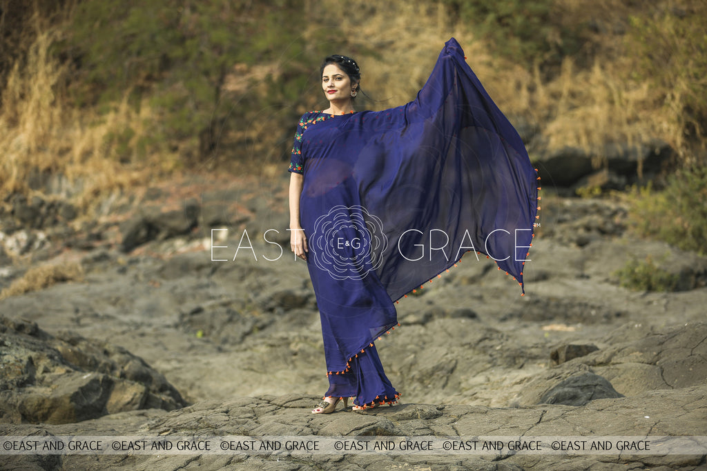 Blue Flame Pure Silk Chiffon Saree with Hand Embroidered Blouse