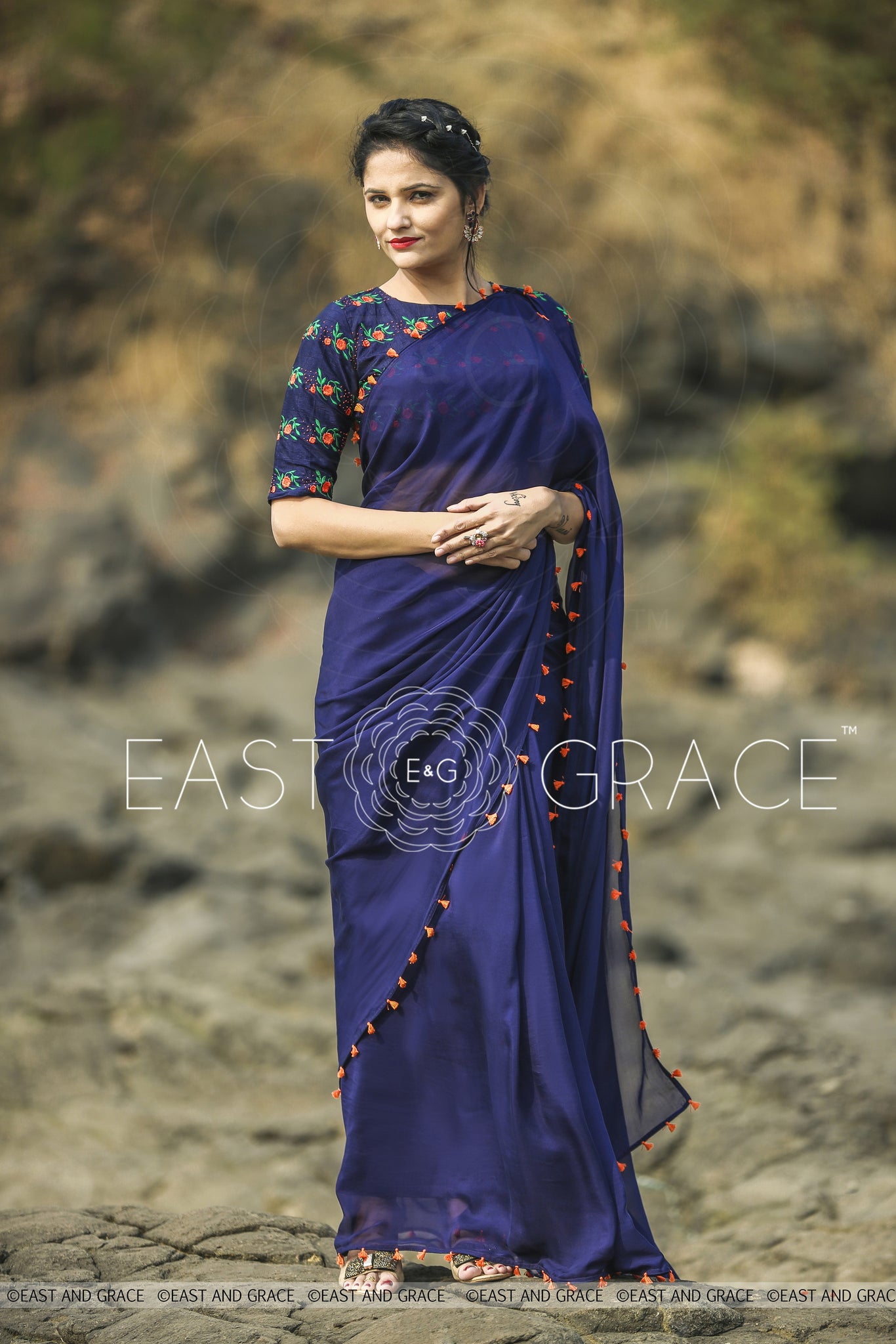 Blue Flame Pure Silk Chiffon Saree with Hand Embroidered Blouse