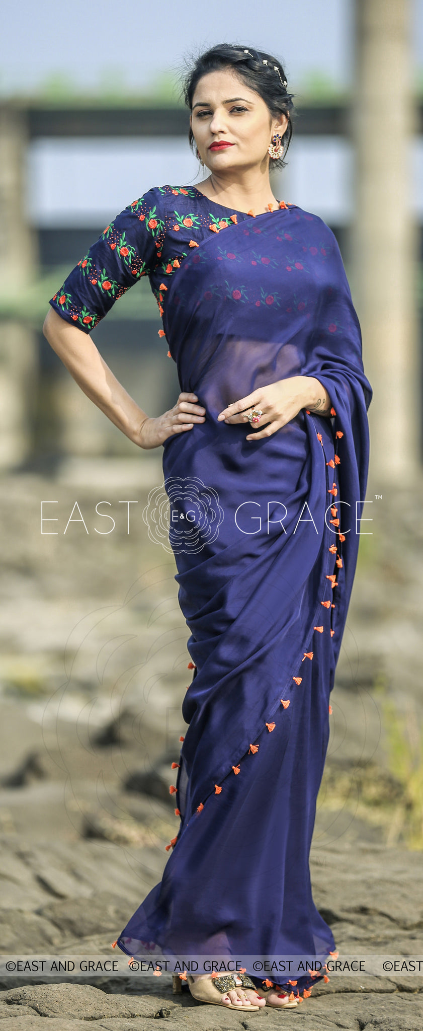 Blue Flame Pure Silk Chiffon Saree with Hand Embroidered Blouse