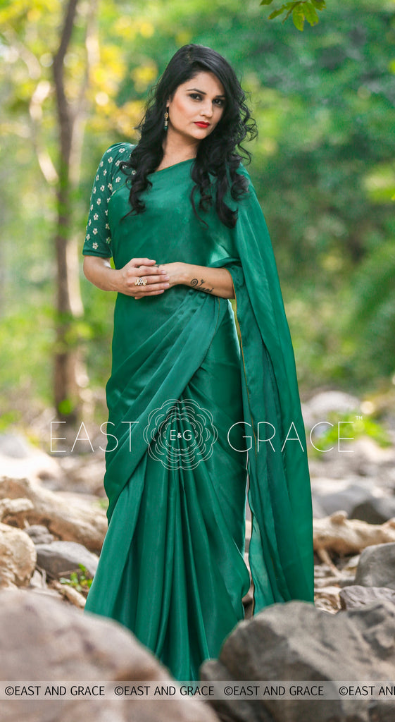 Sweet Pear Celadon Green Pure Satin Georgette Saree