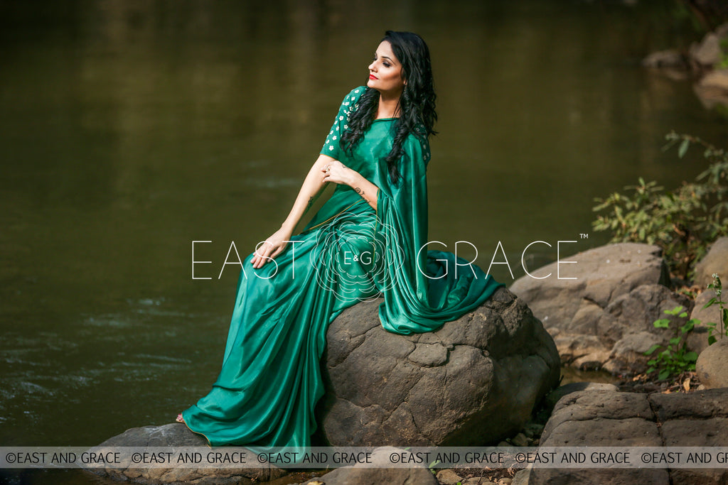 Sweet Pear Celadon Green Pure Satin Georgette Saree