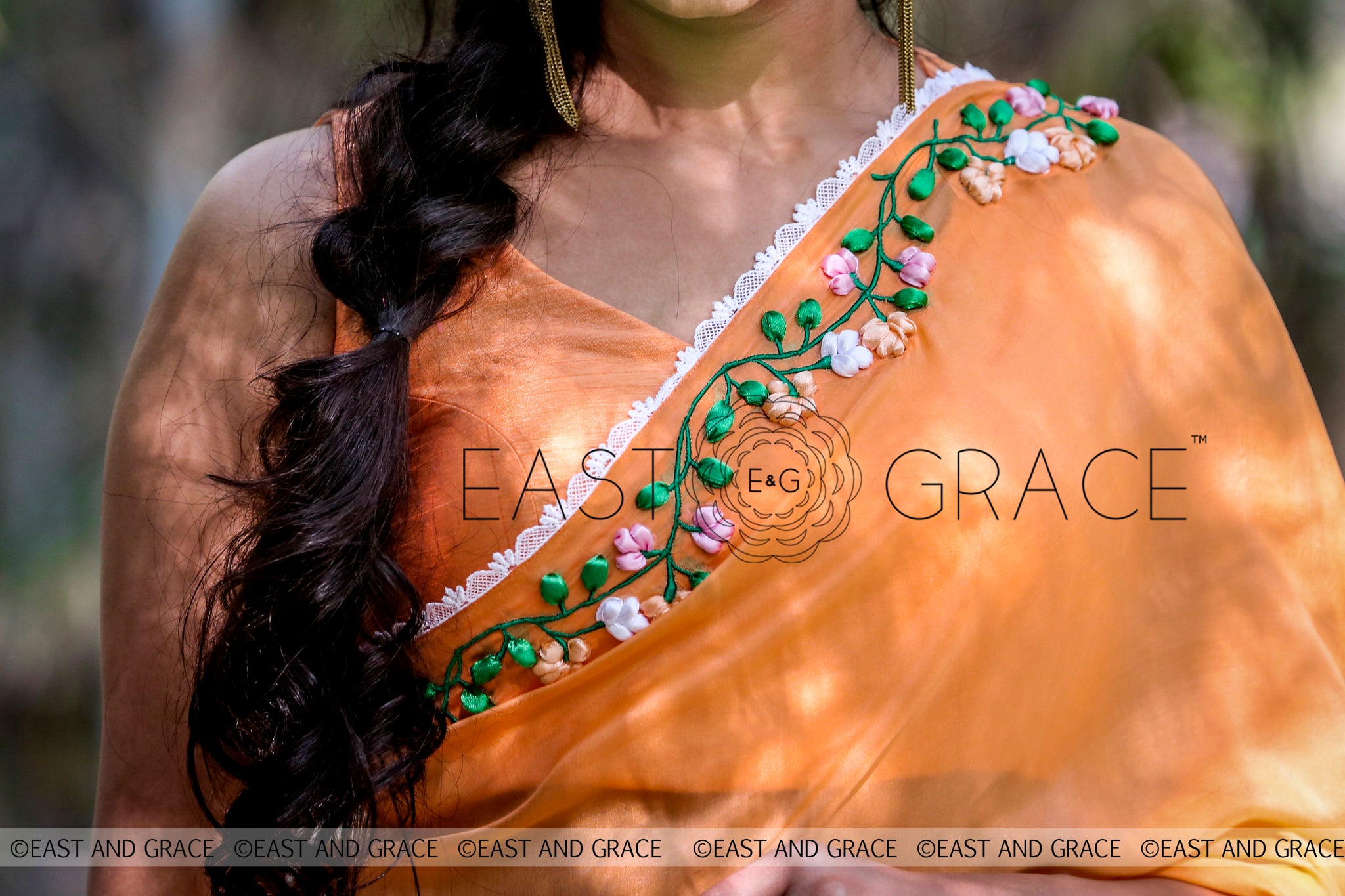 Tangerine Garden Silk Chiffon Ribbonwork Saree