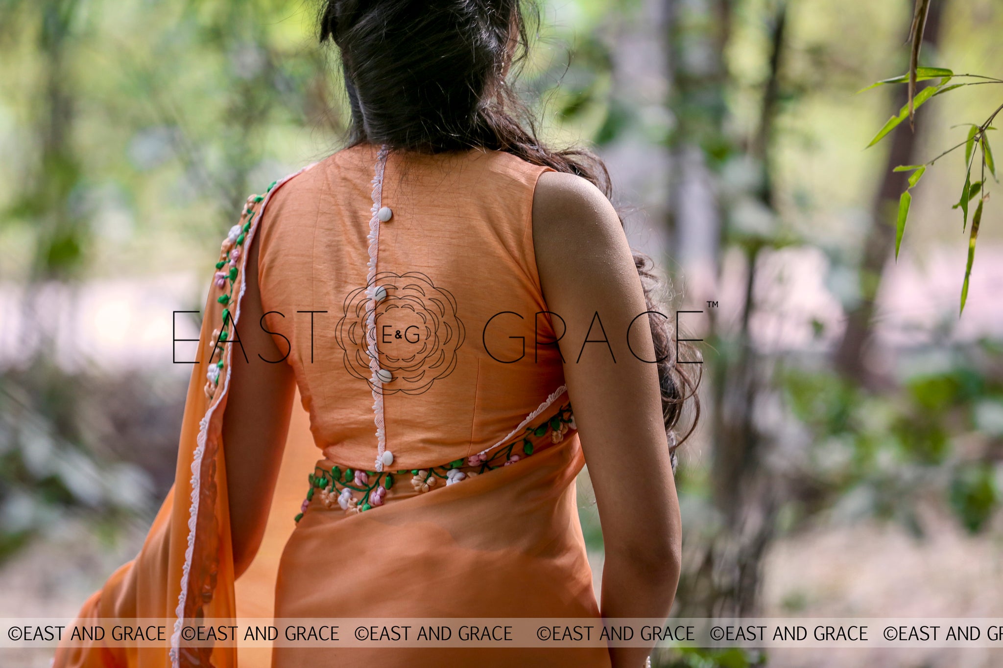 Tangerine Garden Silk Chiffon Ribbonwork Saree