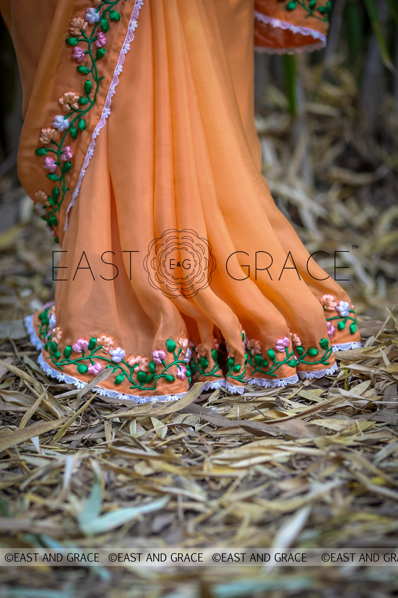 Tangerine Garden Silk Chiffon Ribbonwork Saree