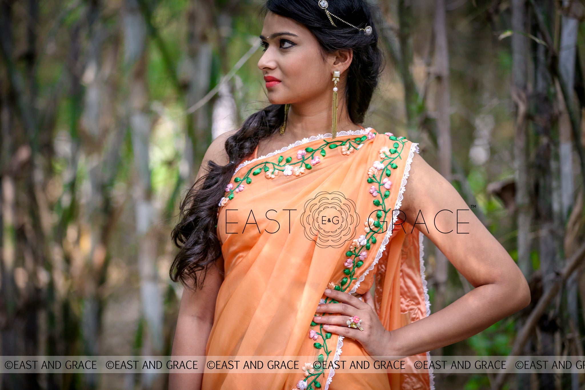 Tangerine Garden Silk Chiffon Ribbonwork Saree