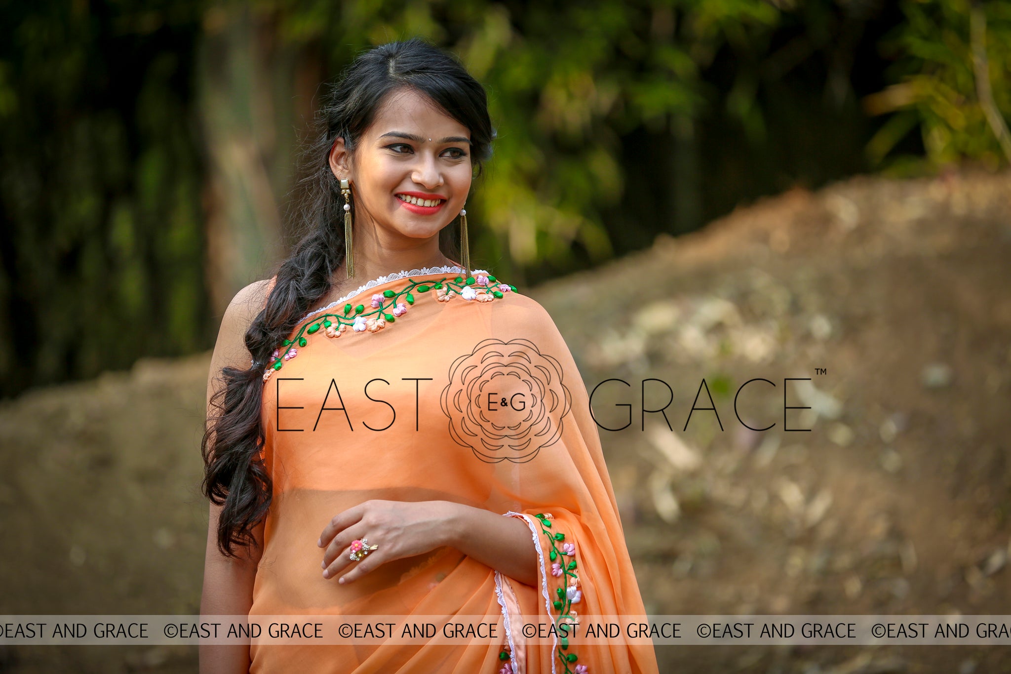 Tangerine Garden Silk Chiffon Ribbonwork Saree