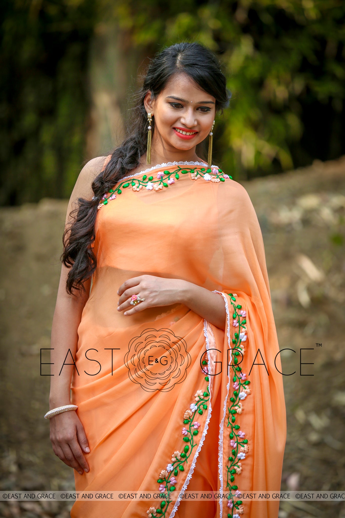 Tangerine Garden Silk Chiffon Ribbonwork Saree