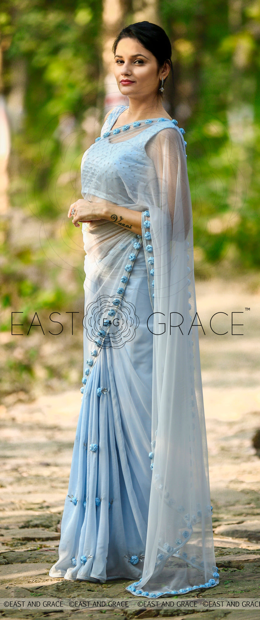 Moonlight Powder Blue Ribbonwork Roses Silk Chiffon and Net Saree