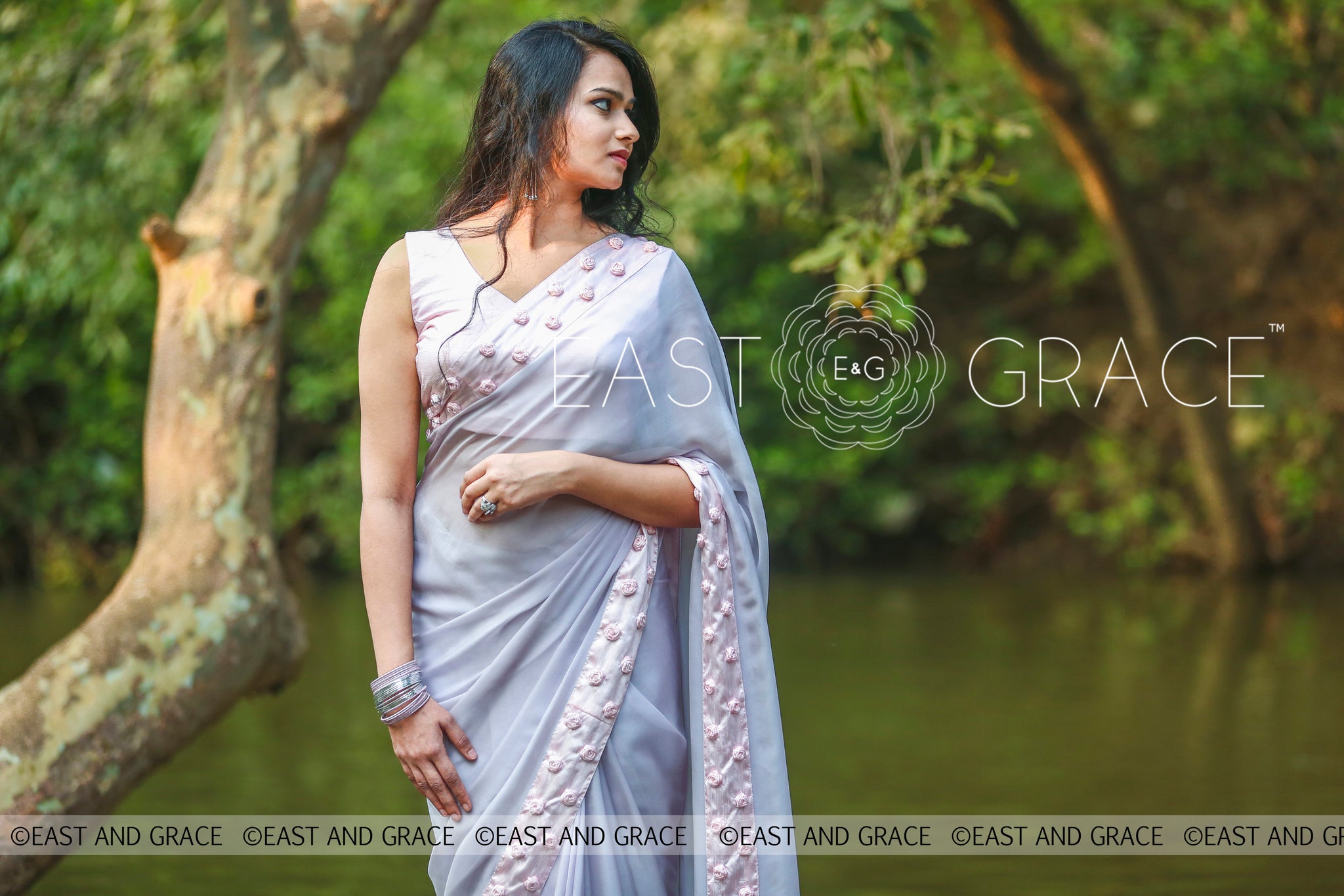 Winterland Grey Silk Chiffon Ribbonwork Roses Saree