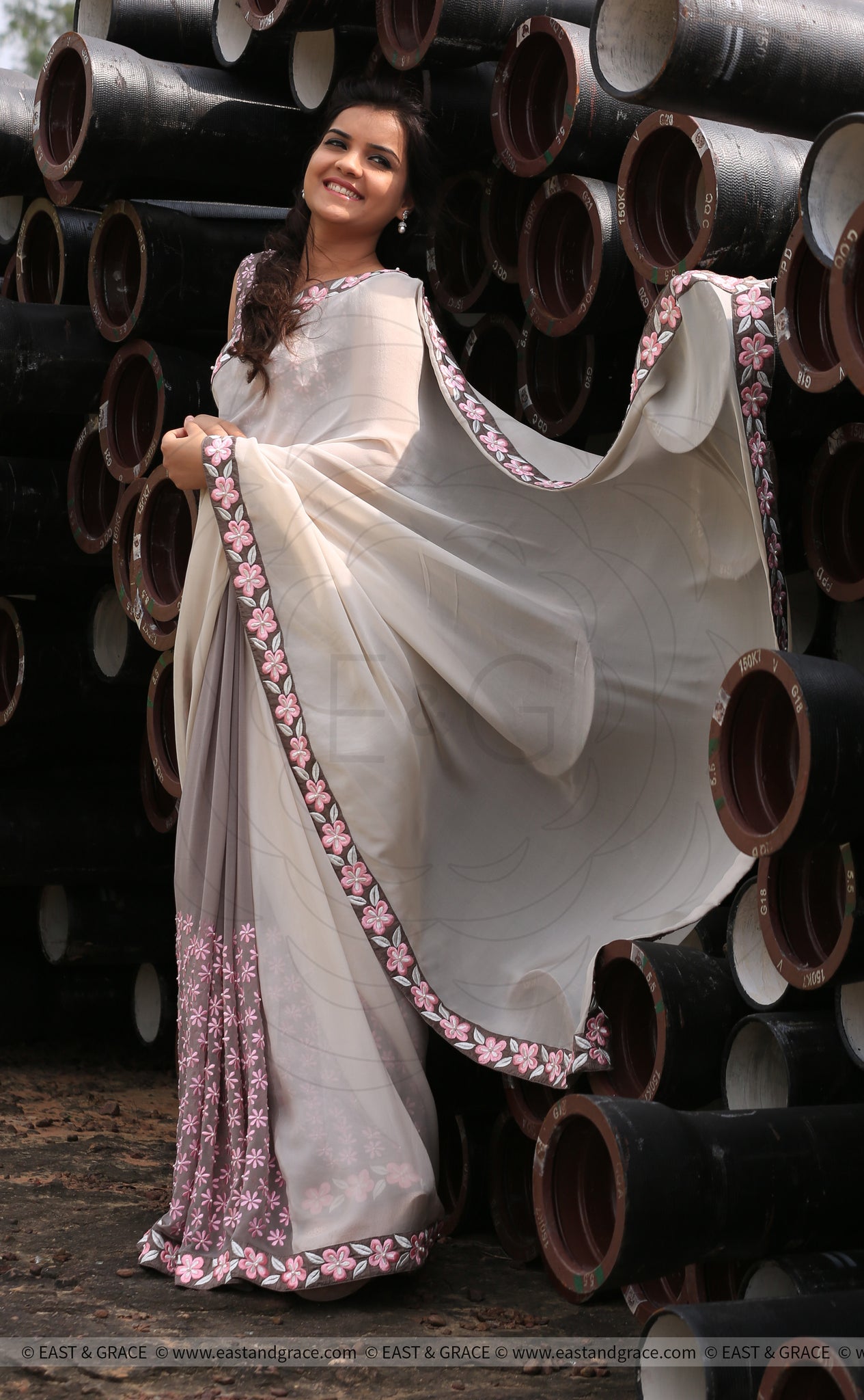 Gray Pure Georgette Saree with Frangipani Floral Embroidery