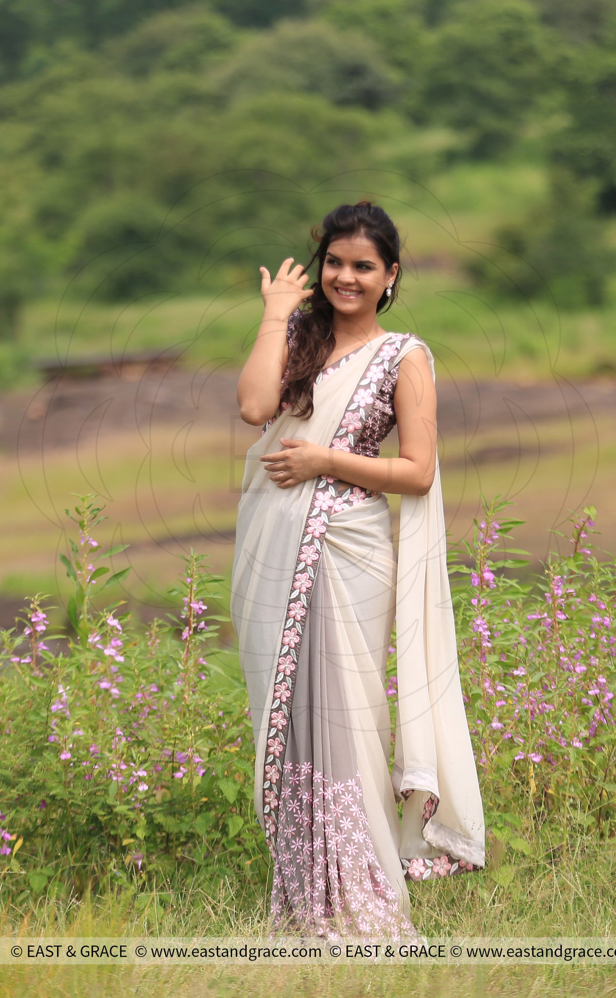 Gray Pure Georgette Saree with Frangipani Floral Embroidery
