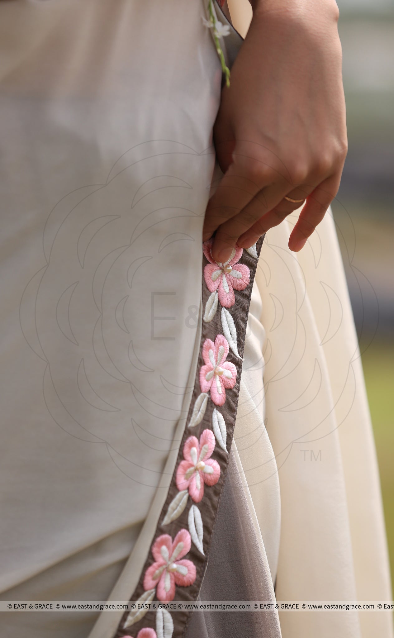 Gray Pure Georgette Saree with Frangipani Floral Embroidery