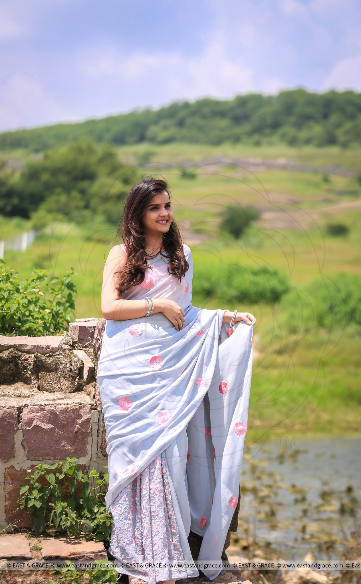 Light Gray Pure Georgette Saree with Briar Rose Embroidery