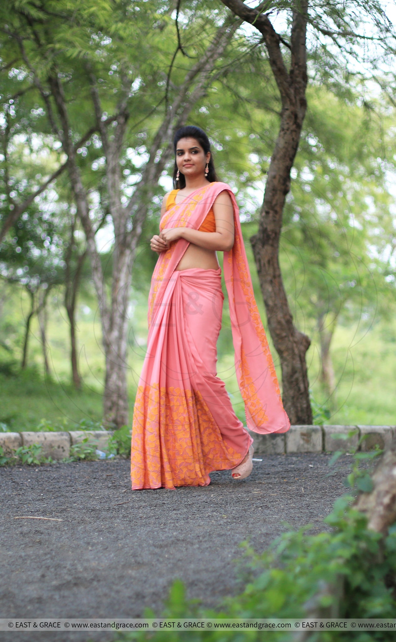 Coral Pure Georgette Saree with Gingko Leaf Embroidery