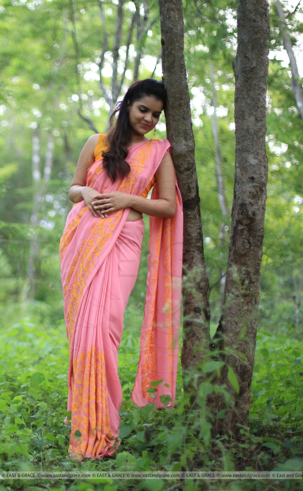 Coral Pure Georgette Saree with Gingko Leaf Embroidery