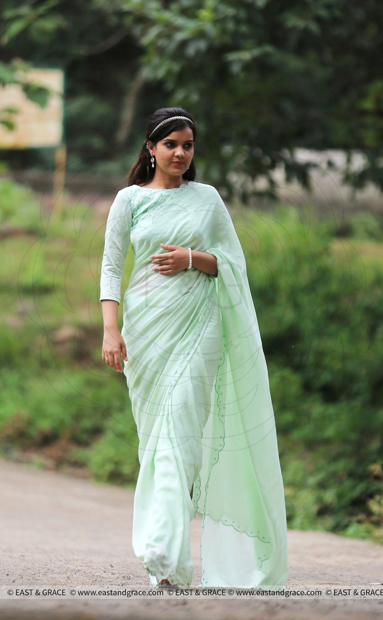 Pista Pure Chiffon Saree with Eyelet Pattern Border Embroidery