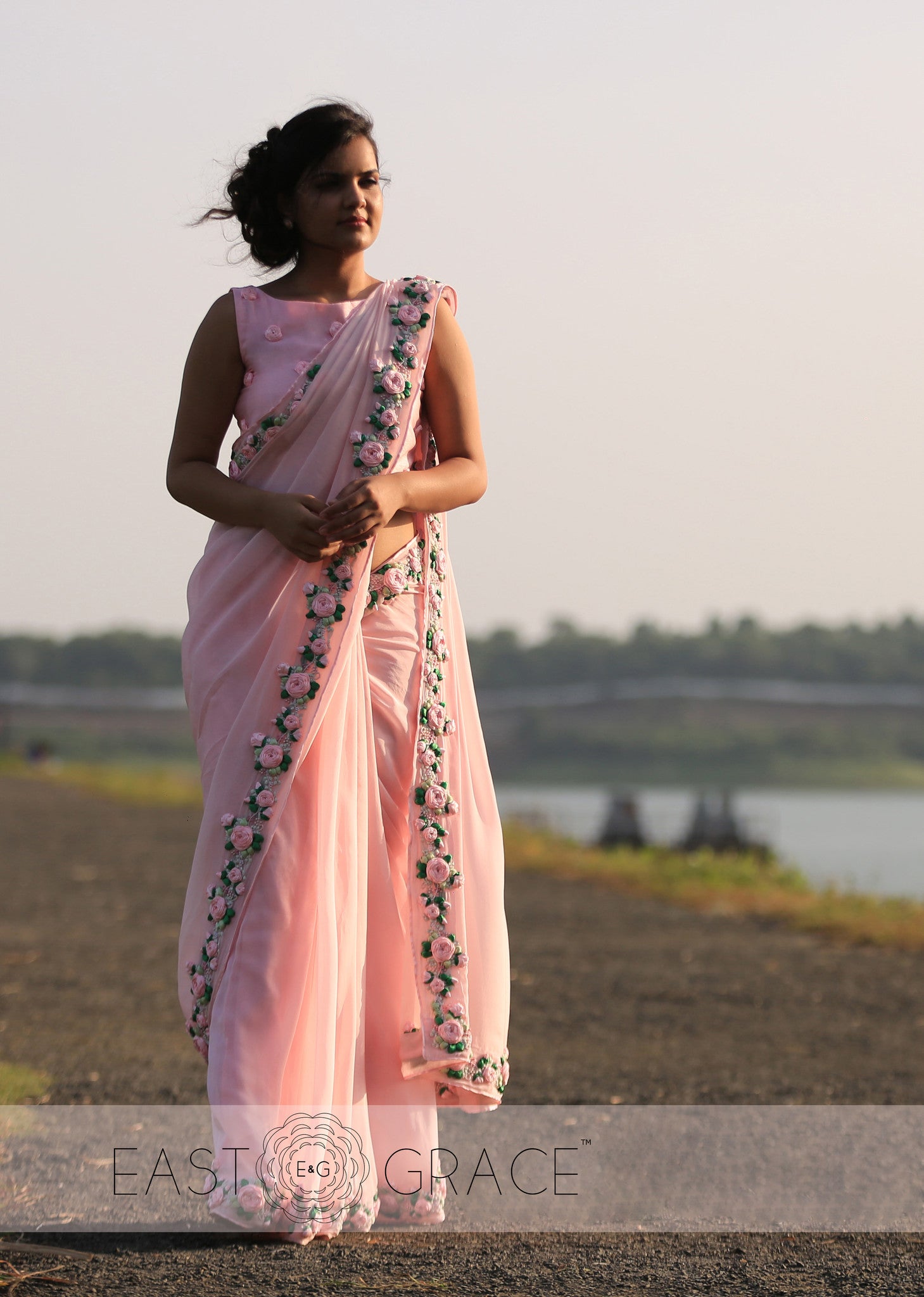 Pink Pure Flat Silk Chiffon Saree