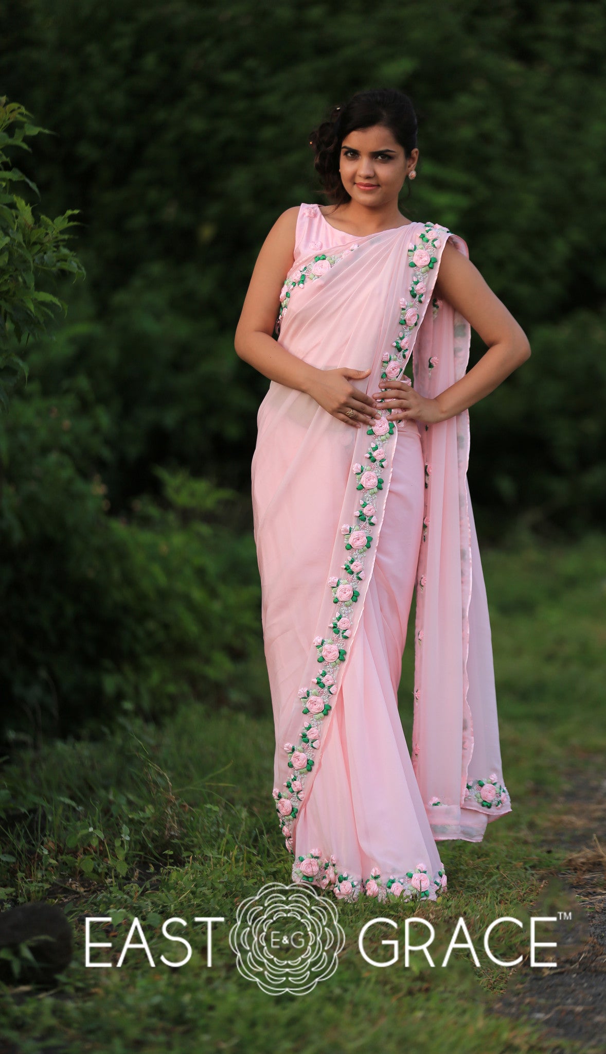 Pink Pure Flat Silk Chiffon Saree