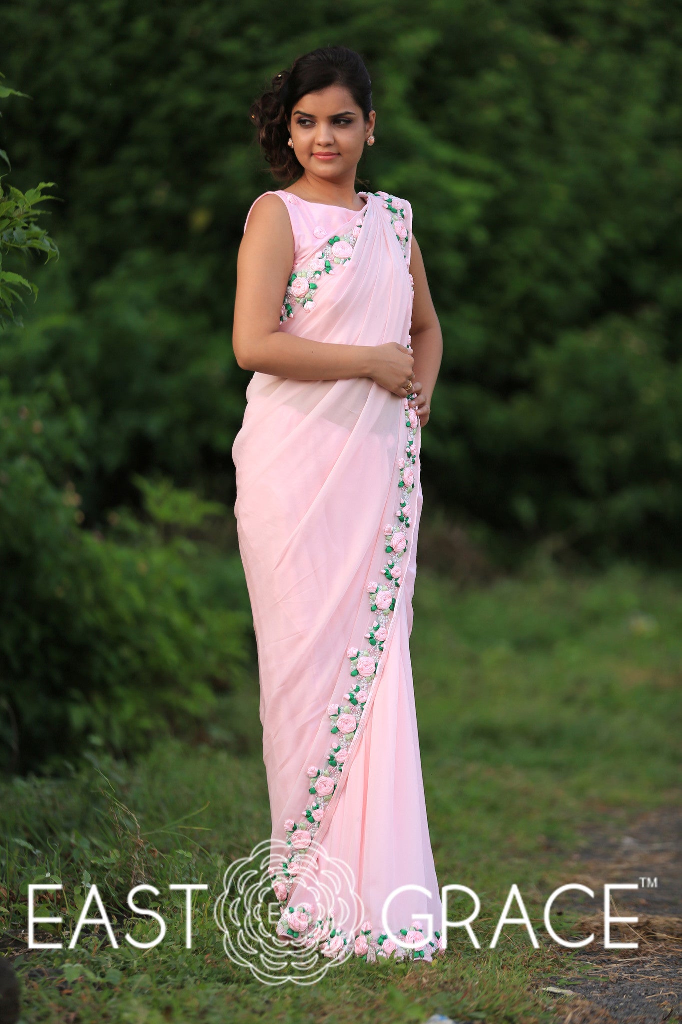 Pink Pure Flat Silk Chiffon Saree