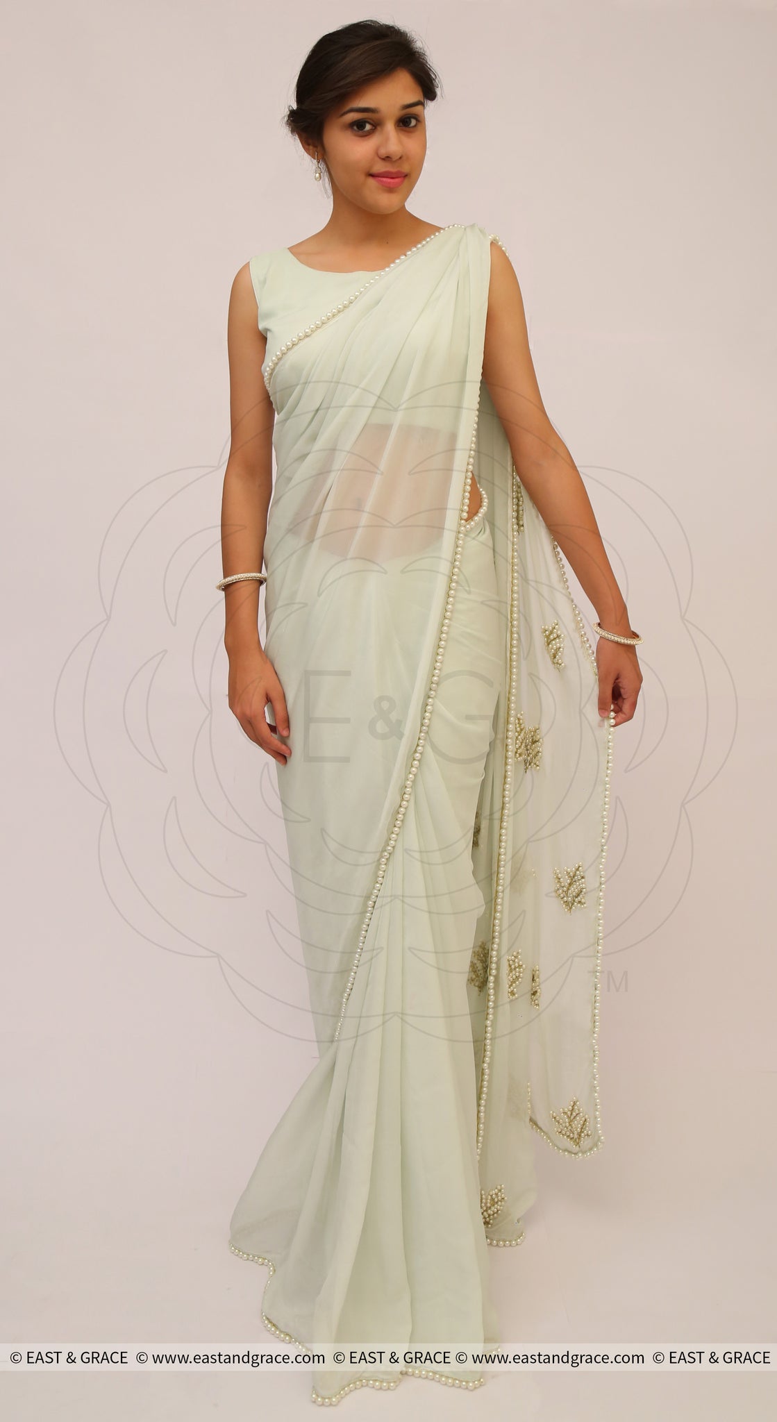 Pearl Embellished Icy Mint Pure Chiffon Saree